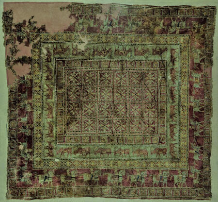 the pazyryk rug is one of the oldest carpets in the world, dating around 5th century BCE. it was found in 1949 in the grave of a scythian nobleman in the bolshoy ulagan dry valley of the altai mountains in kazakhstan.